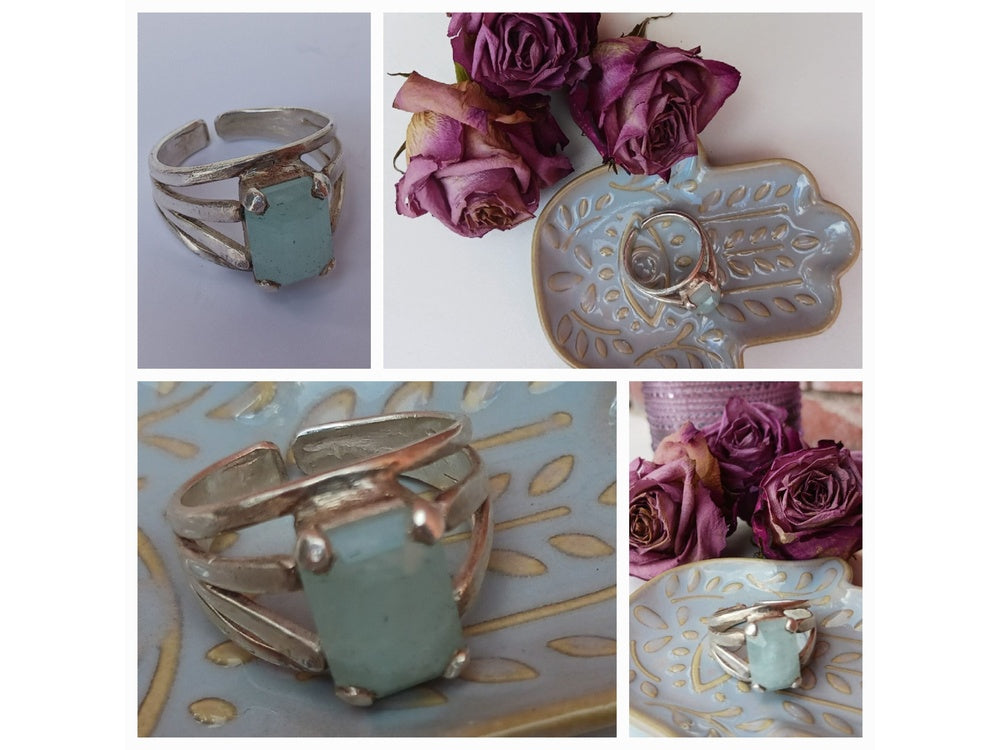 Aquamarine Crystal Ring 925 Silver