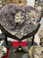 Amethyst hearts with calcite on stand – view 1