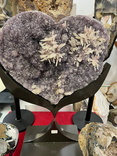 Amethyst hearts with calcite on stand