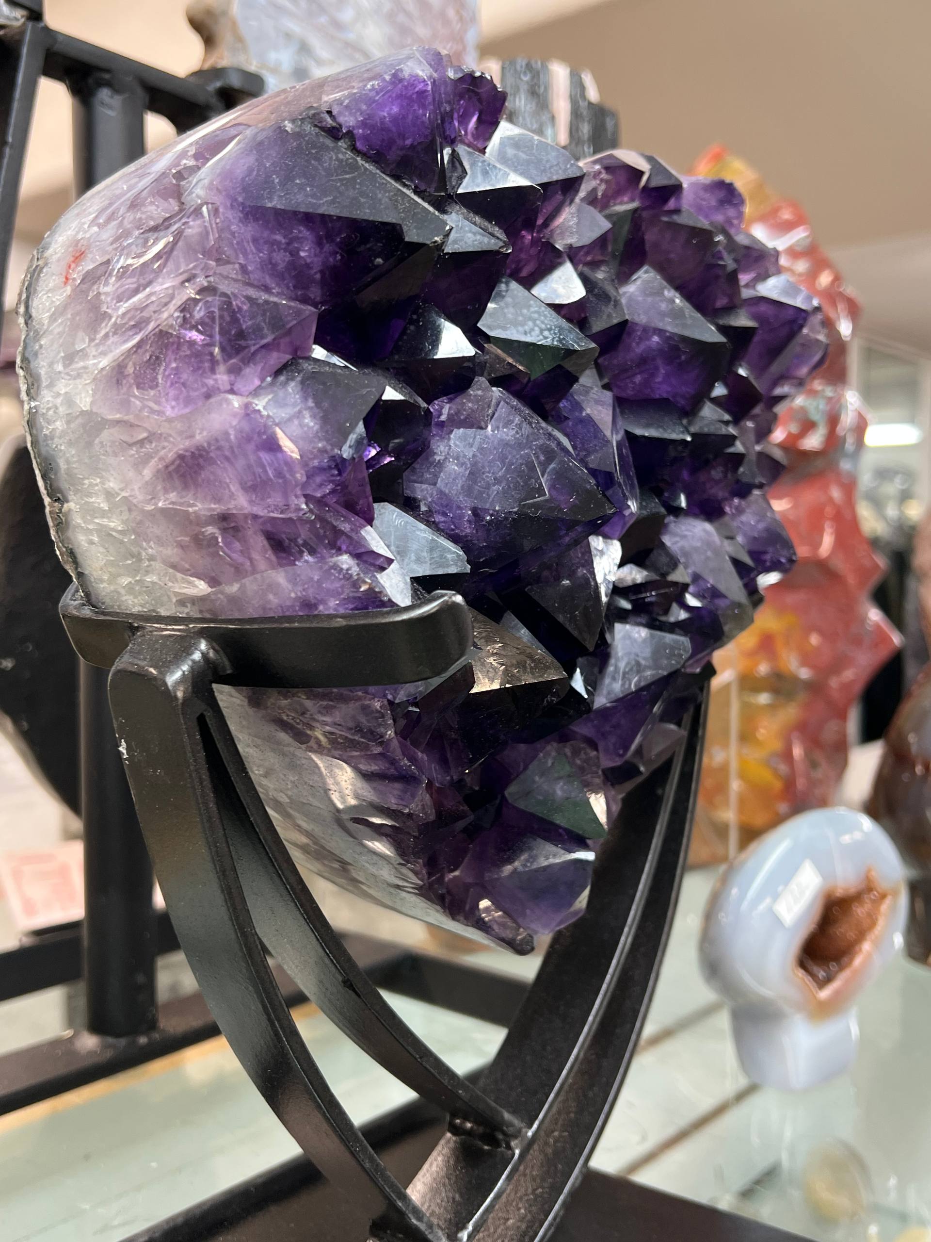 Most beautiful dark color amethyst hearts on stand – view 2