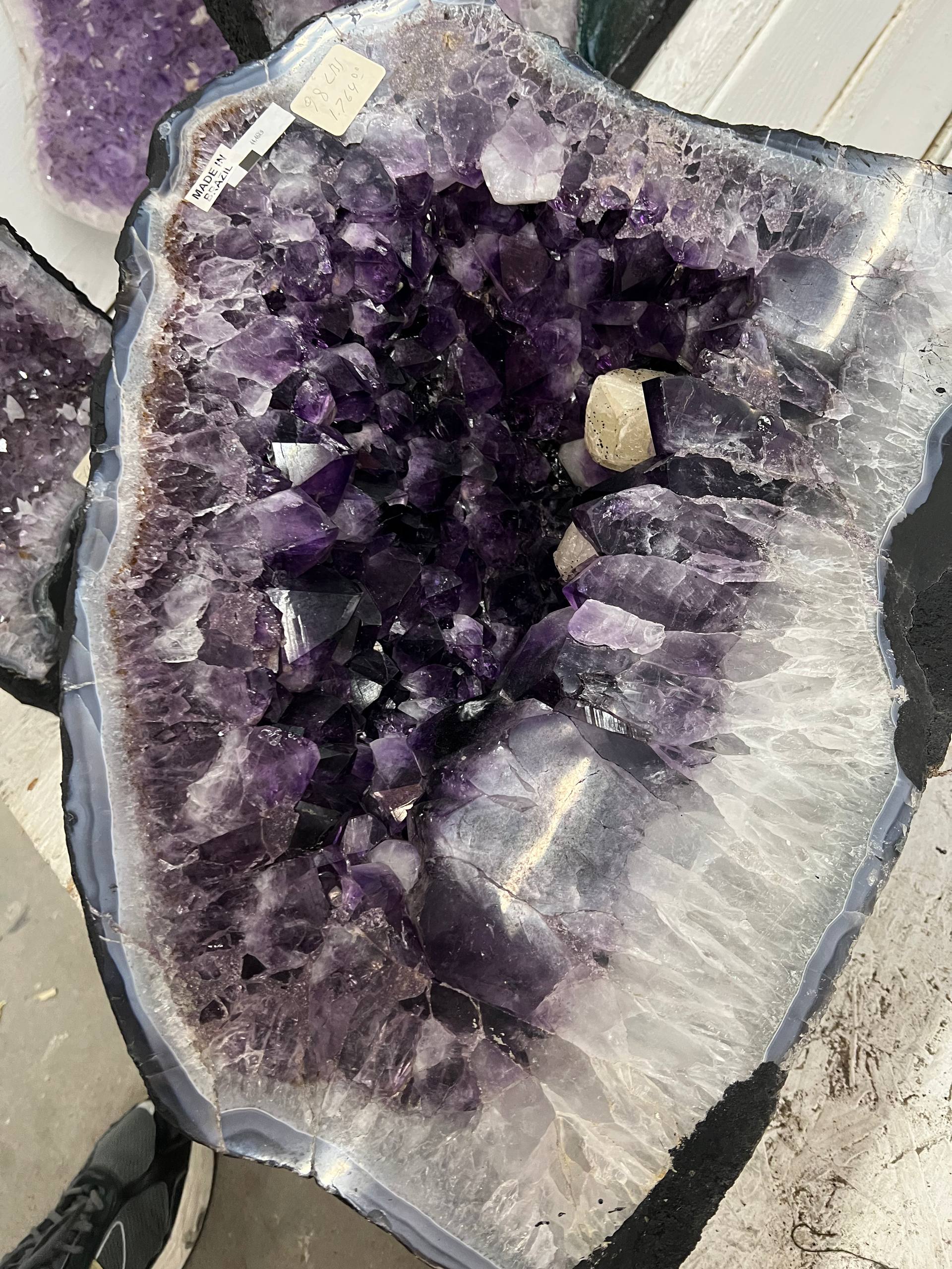Amethyst beautiful dark purple color geode with calcite – view 2