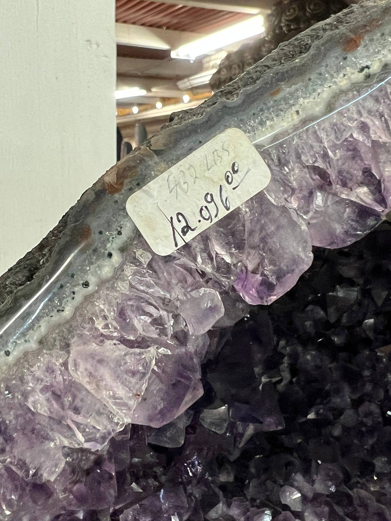 Amethyst cluster on stand with calcite – view 3