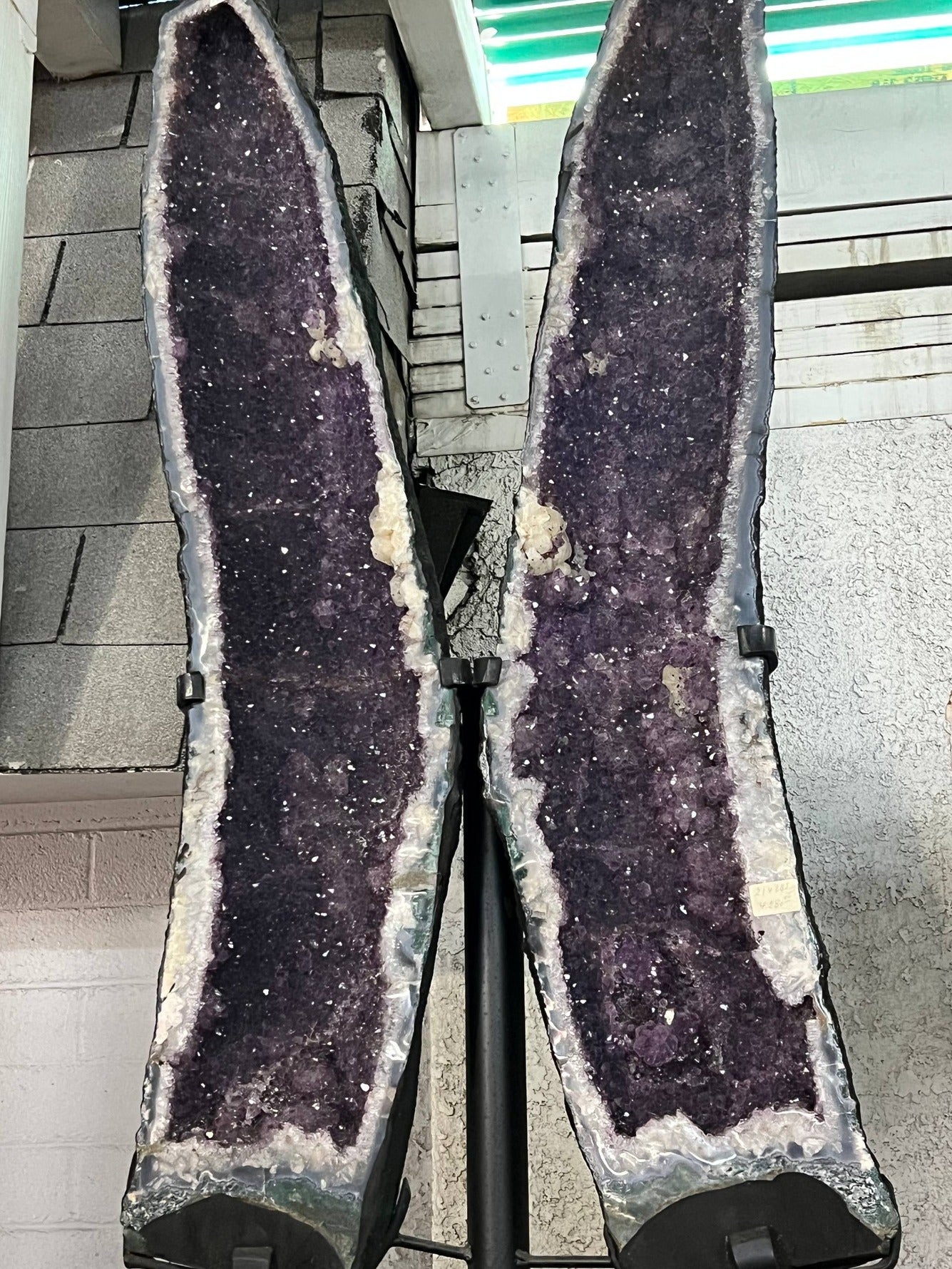 Dark Amethyst Tower Geodes on Stand – top-down view