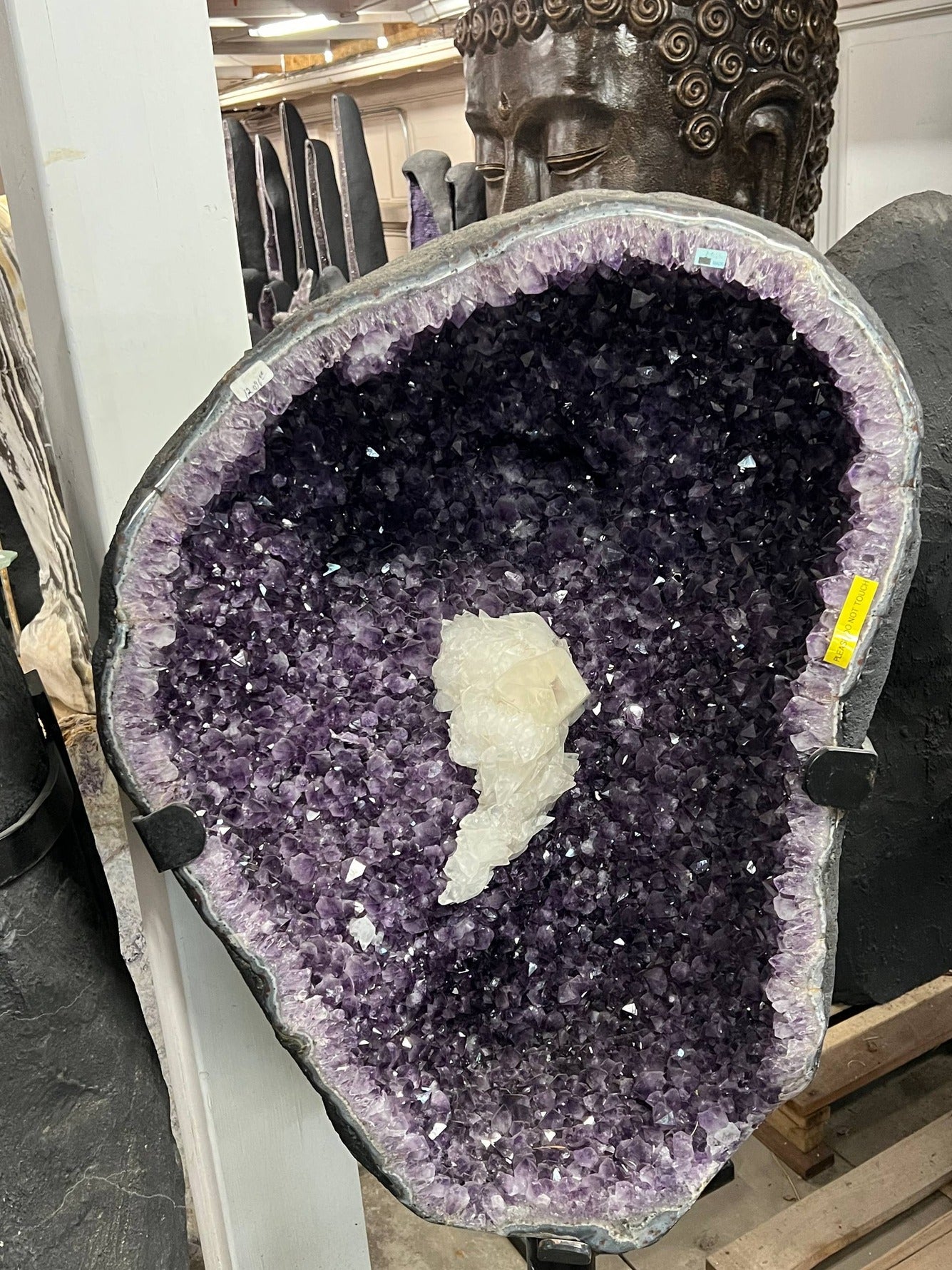 Amethyst cluster on stand with calcite – view 1
