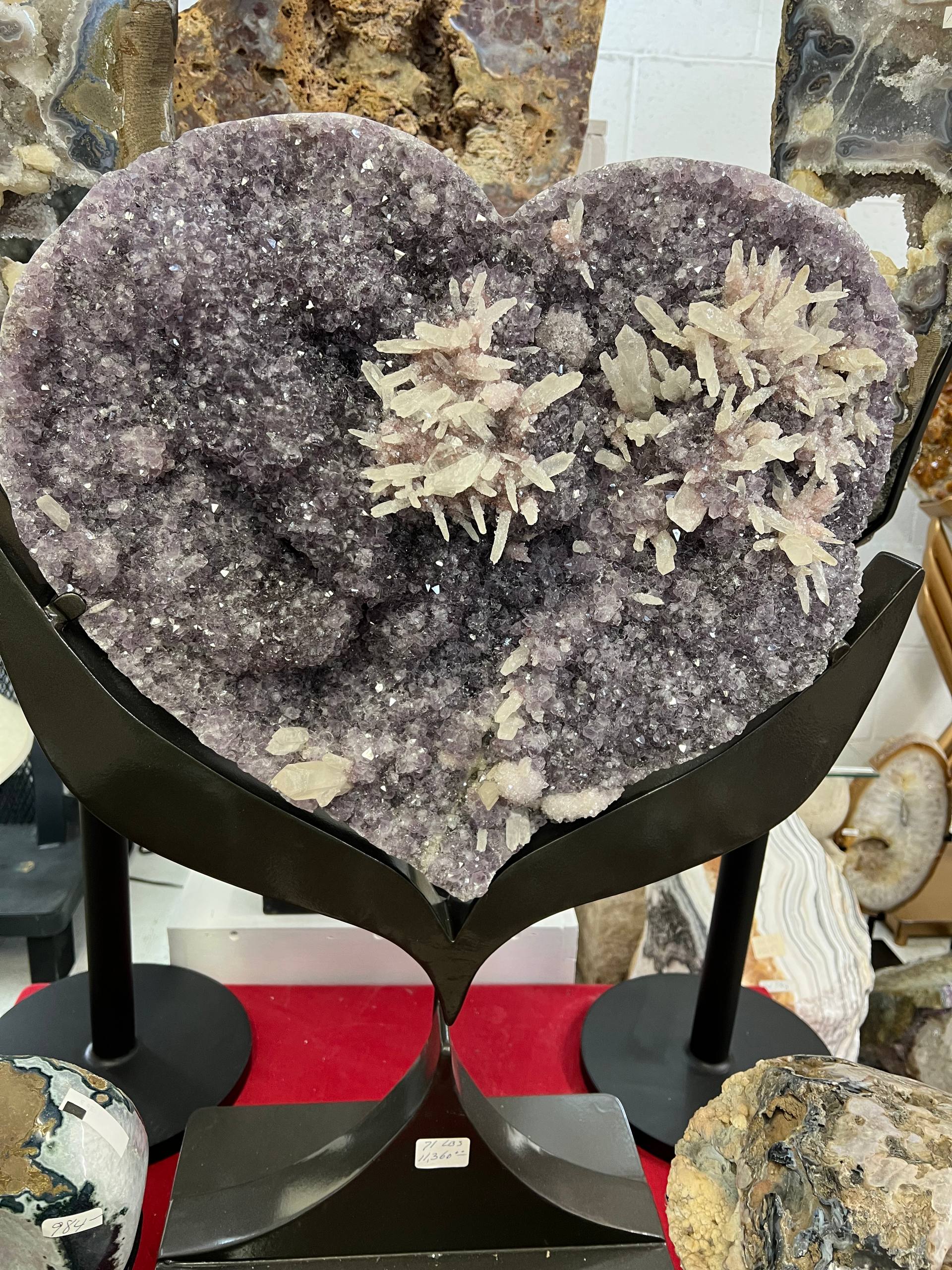 Amethyst hearts with calcite on stand – view 3