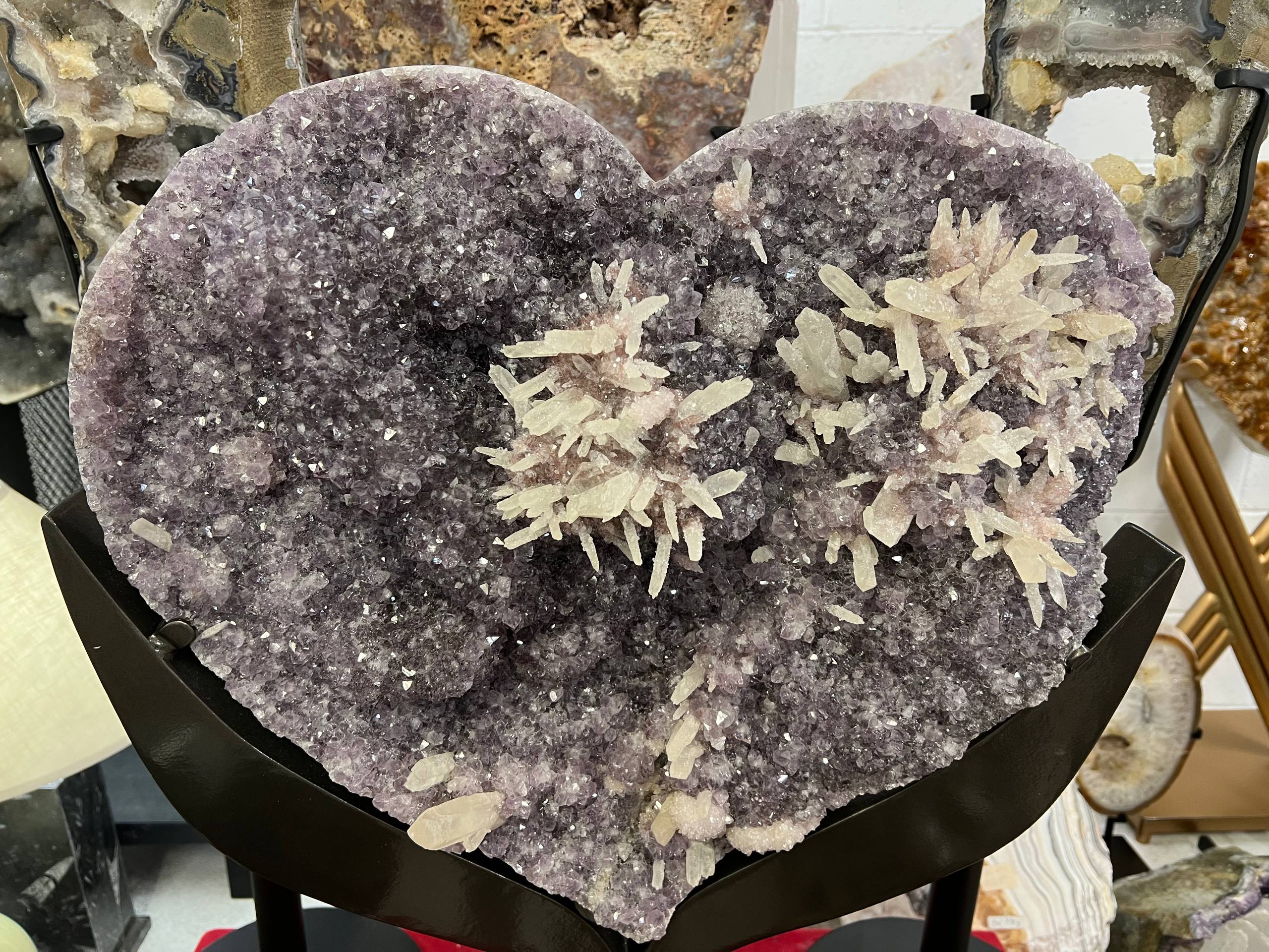 Amethyst hearts with calcite on stand – view 5