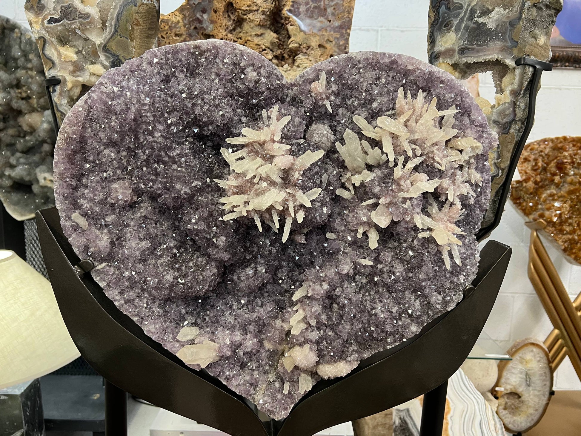 Amethyst hearts with calcite on stand – view 6