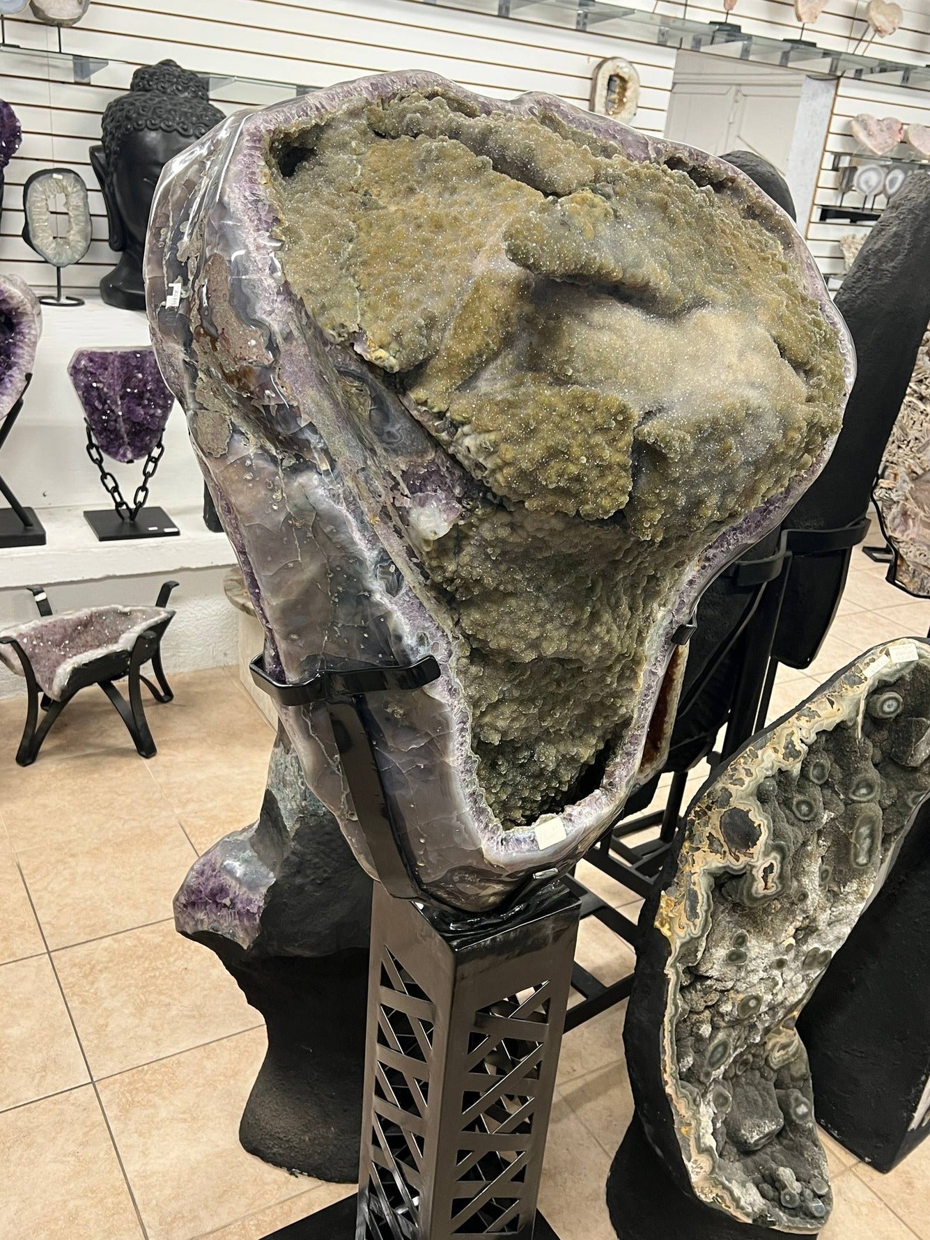 Amethyst geode with green botryoidal formation – view 2