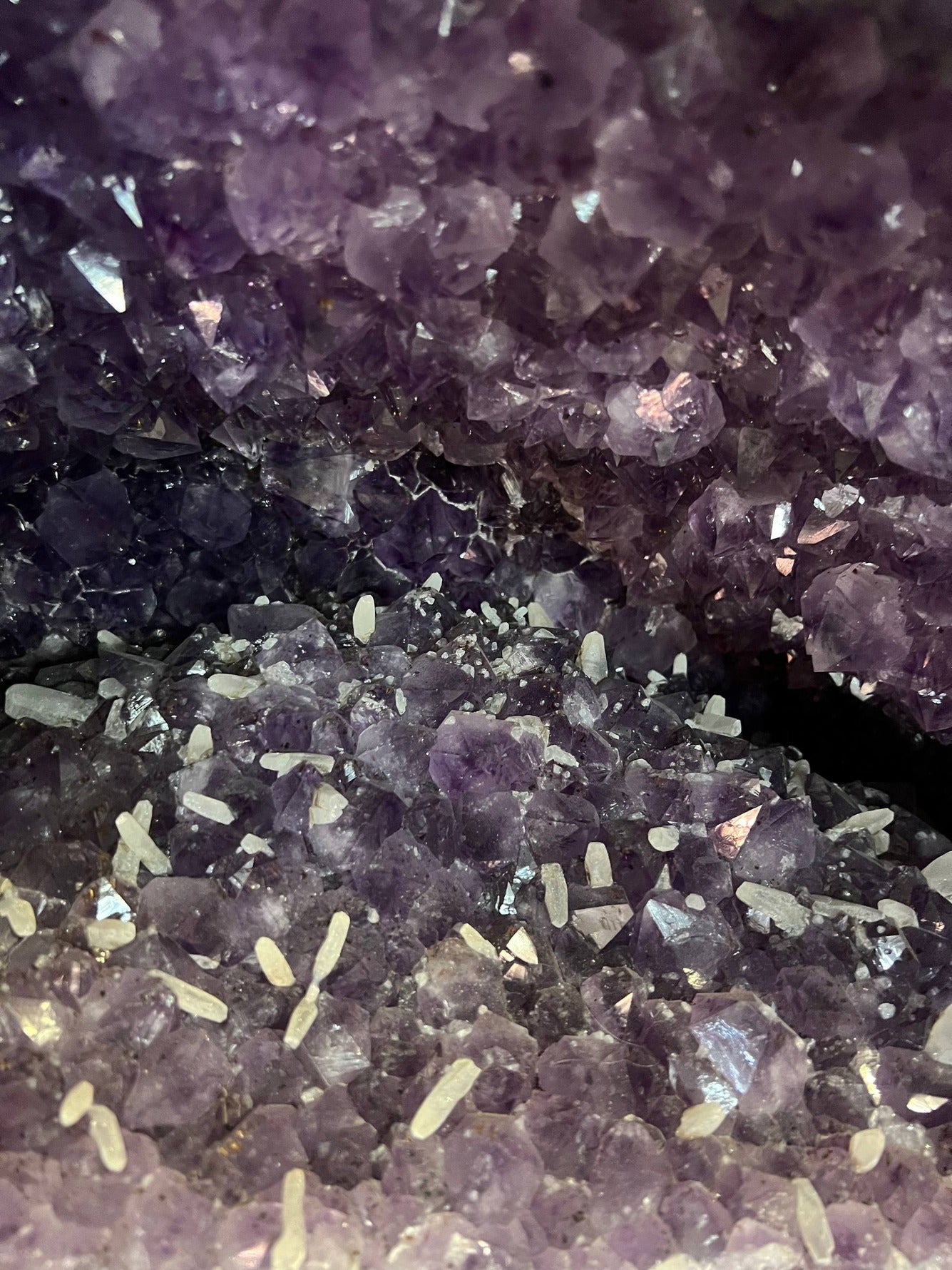 Amethyst Cathedral Geode – interior crystals with calcite