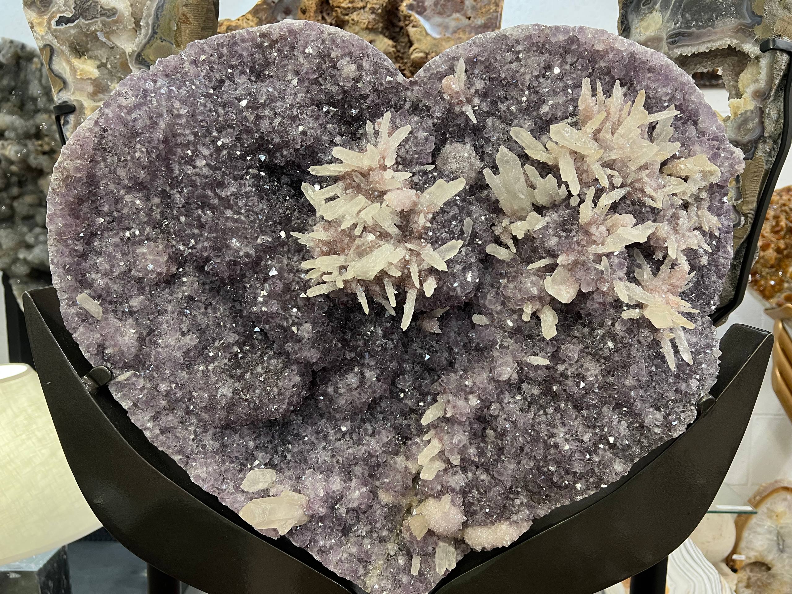 Amethyst hearts with calcite on stand – view 4