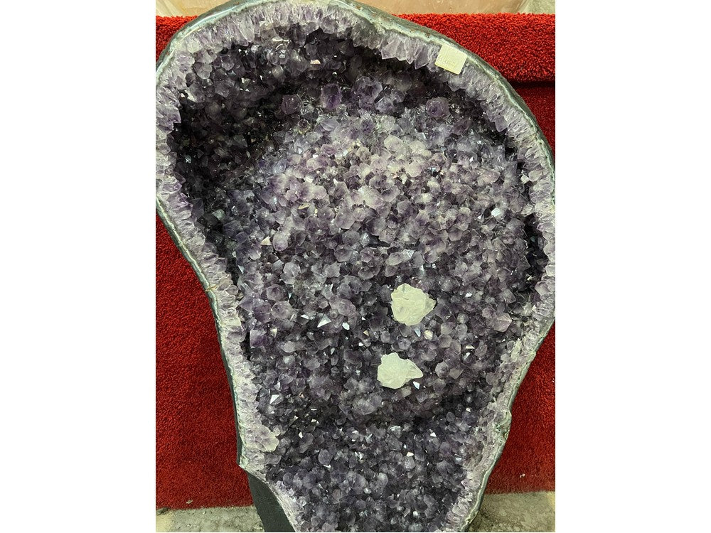 Amethyst geode interior with white calcite crystals