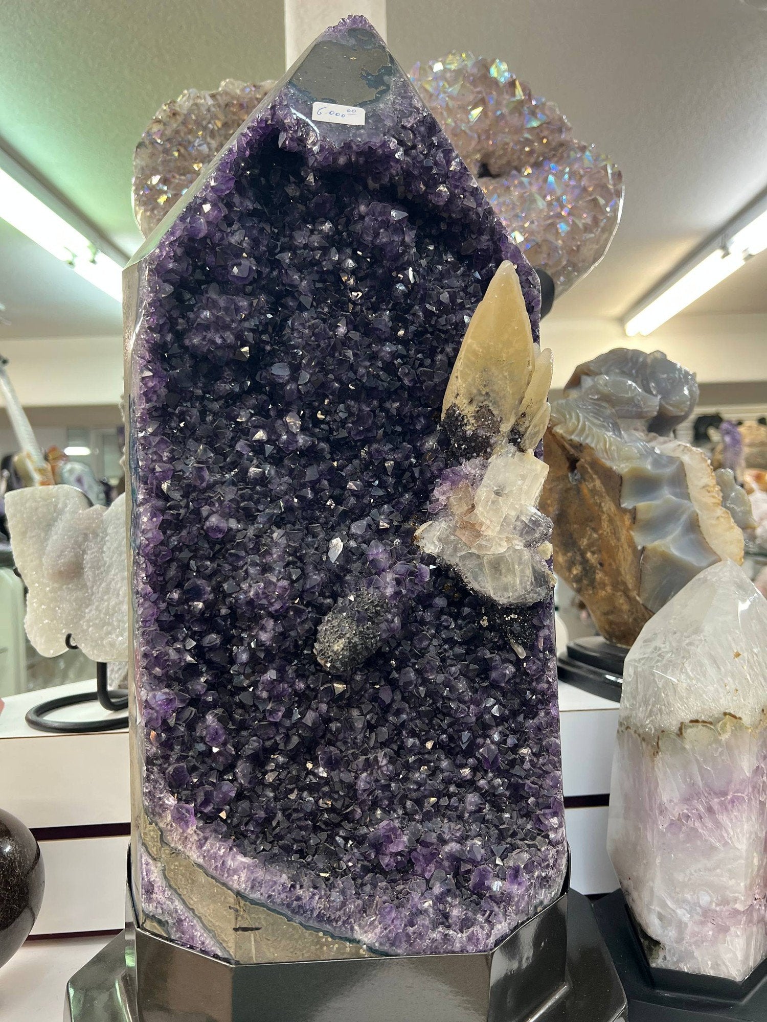 Amethyst Cathedral with Calcite on Stand
