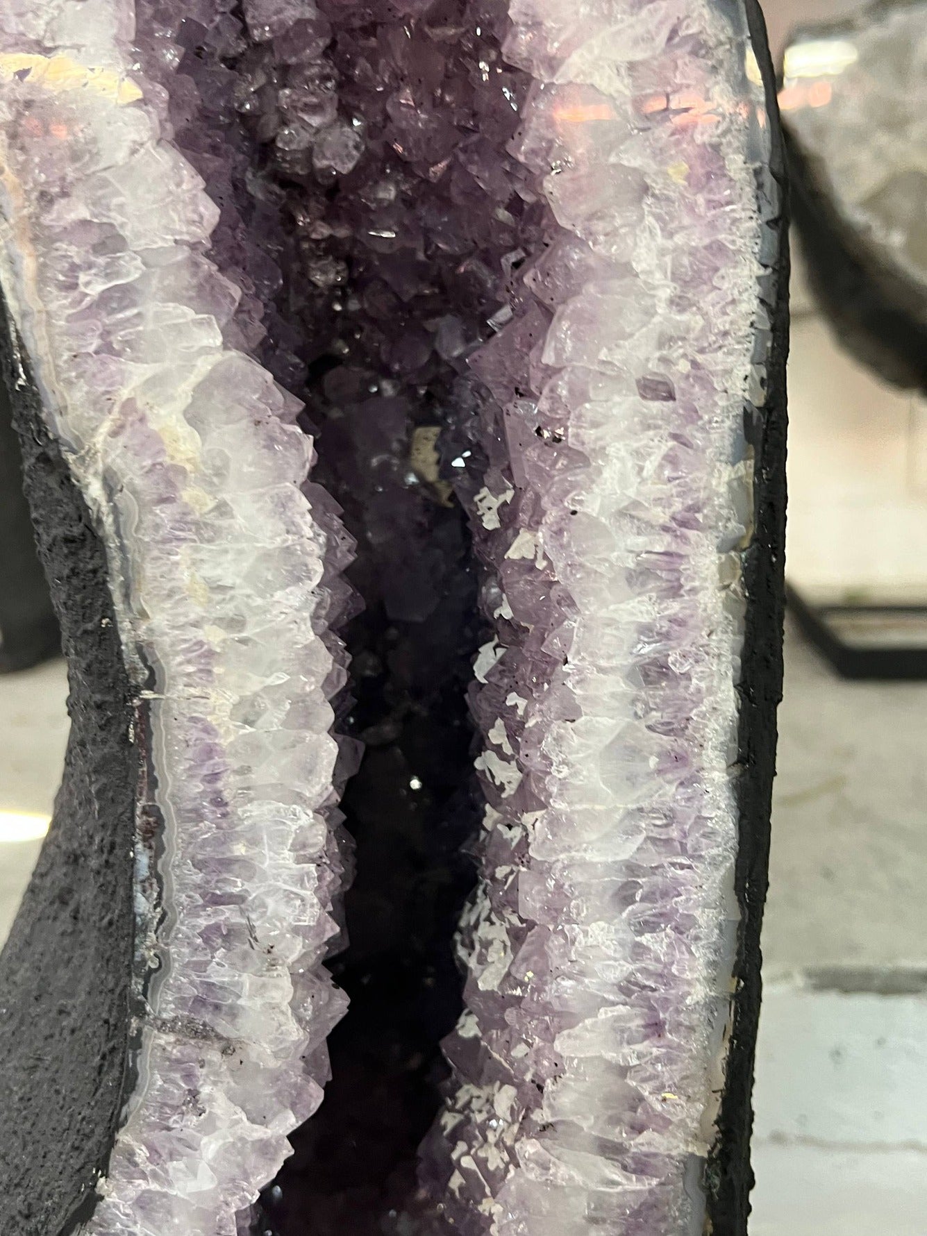 Tall Amethyst Tower Geode Cathedral – interior channel detail