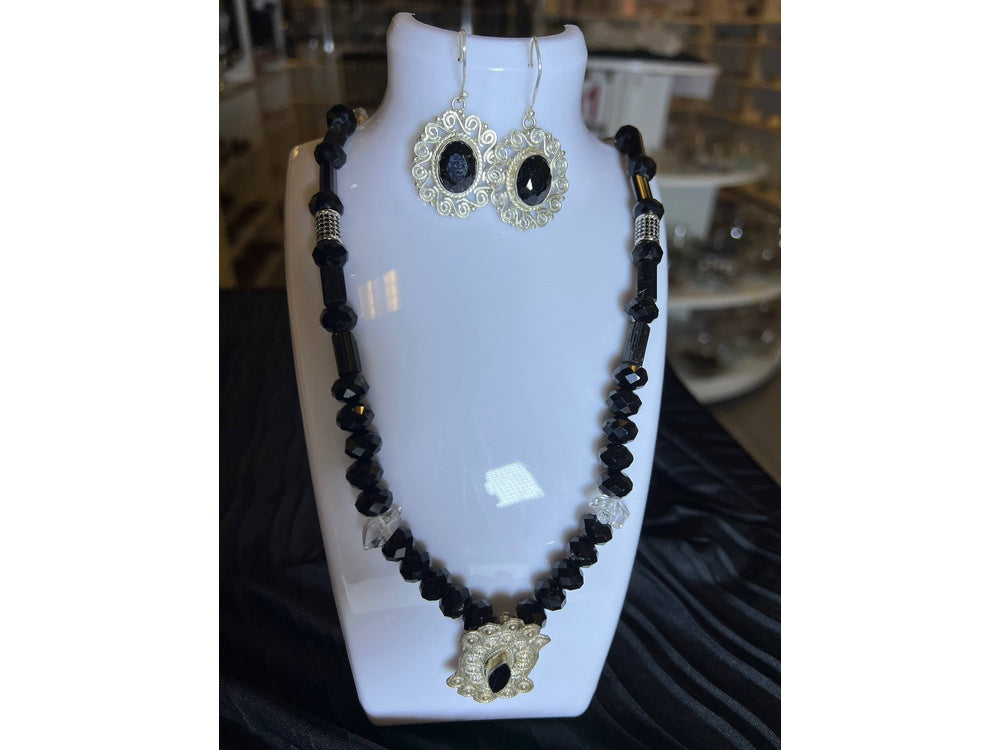 Black Tourmaline with Herkimer Diamond Quartz Necklace and Earrings Set - Angle View