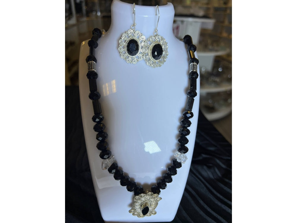 Black Tourmaline with Herkimer Diamond Quartz Necklace and Earrings Set - Detail View