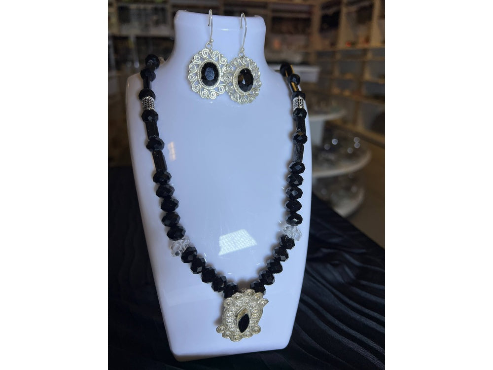 Black Tourmaline with Herkimer Diamond Quartz Necklace and Earrings Set - Front View