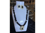 Black Tourmaline with Herkimer Diamond Quartz Necklace and Earrings Set - Front View