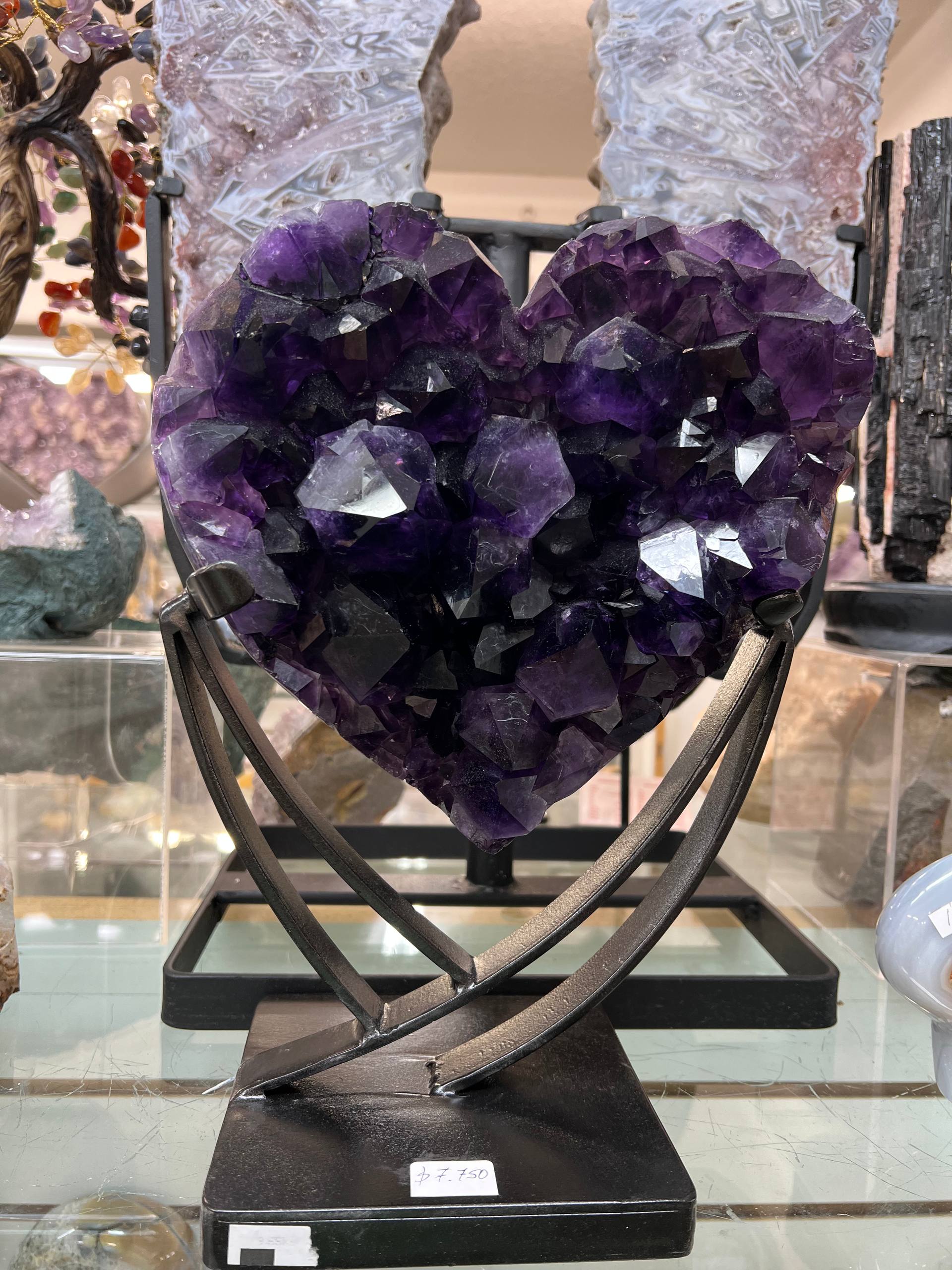 Most beautiful dark color amethyst hearts on stand – view 10