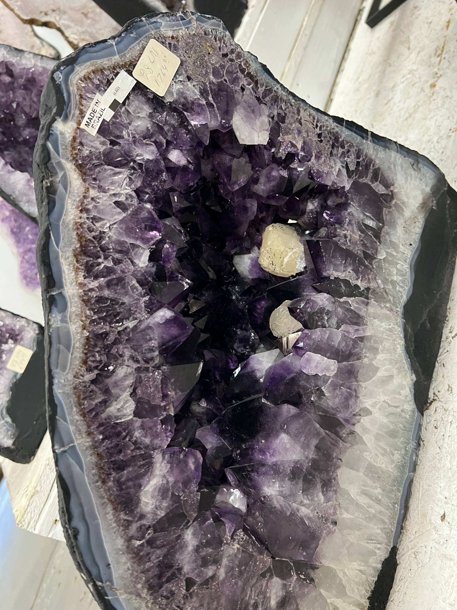 Amethyst beautiful dark purple color geode with calcite – view 8