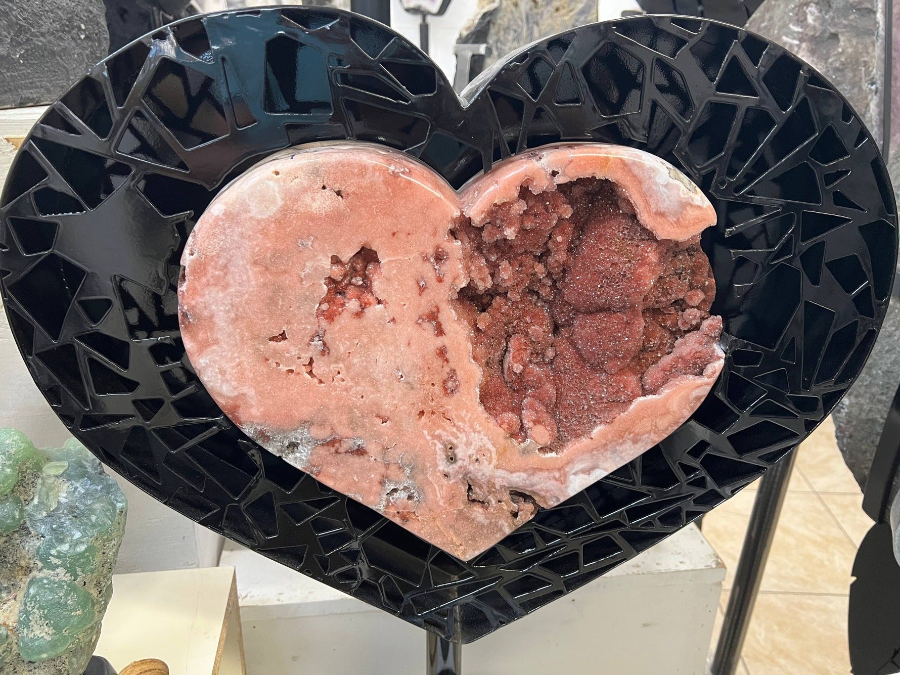 Pink rhodochrosite heart geode – view 1