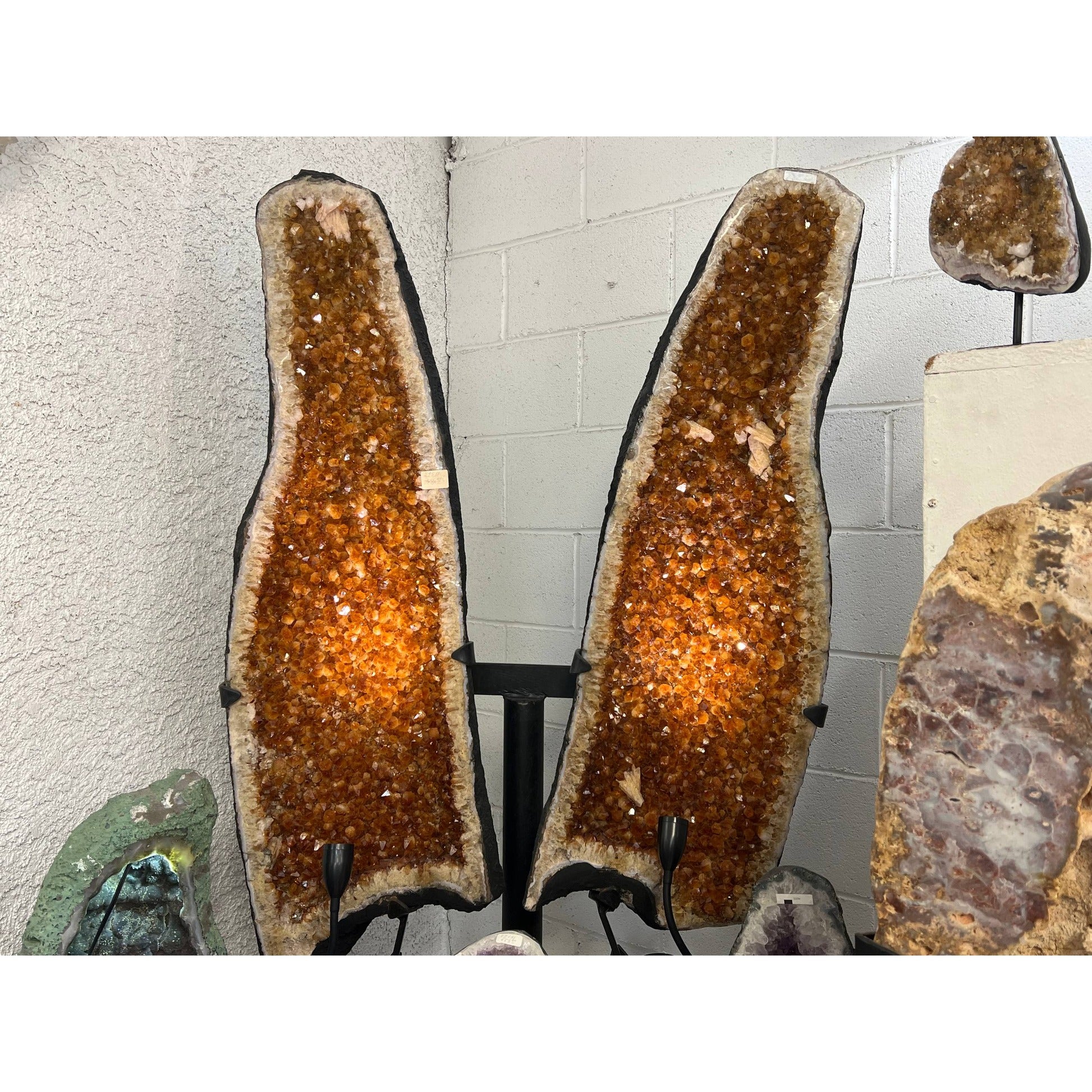 Citrine Cathedral Wing Towers on Stands — Matching Pair