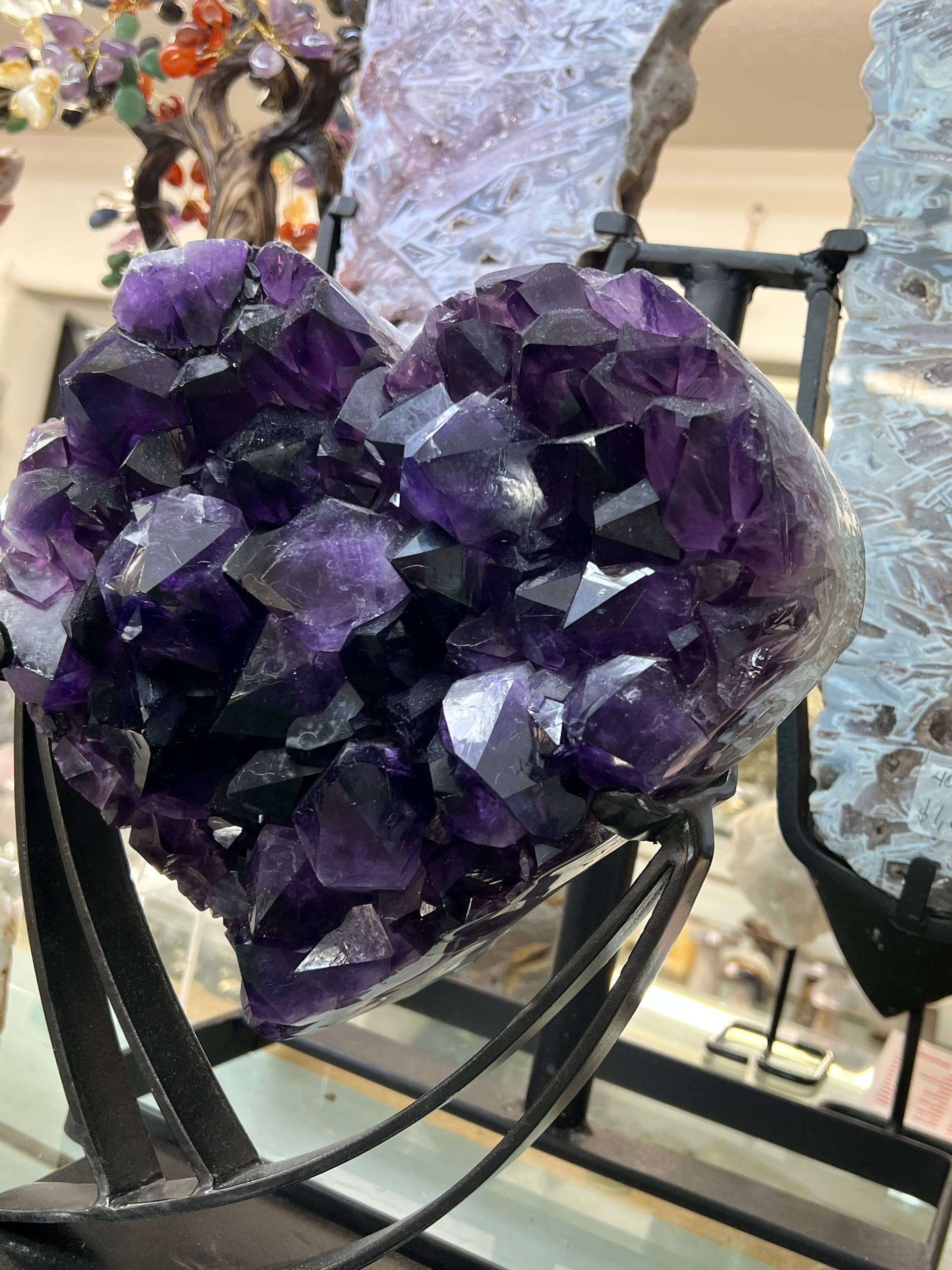 Most beautiful dark color amethyst hearts on stand – view 4