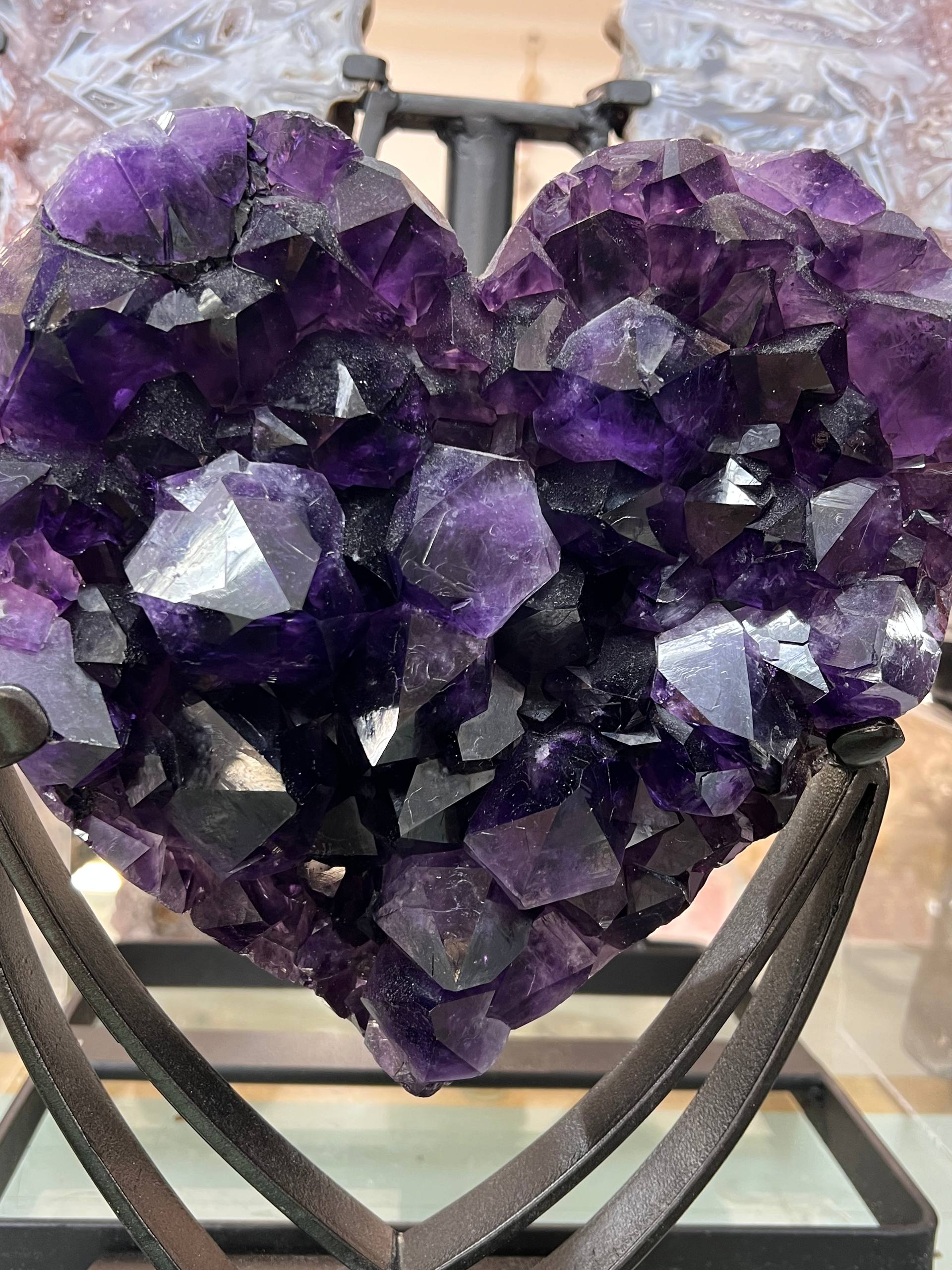 Most beautiful dark color amethyst hearts on stand – view 3
