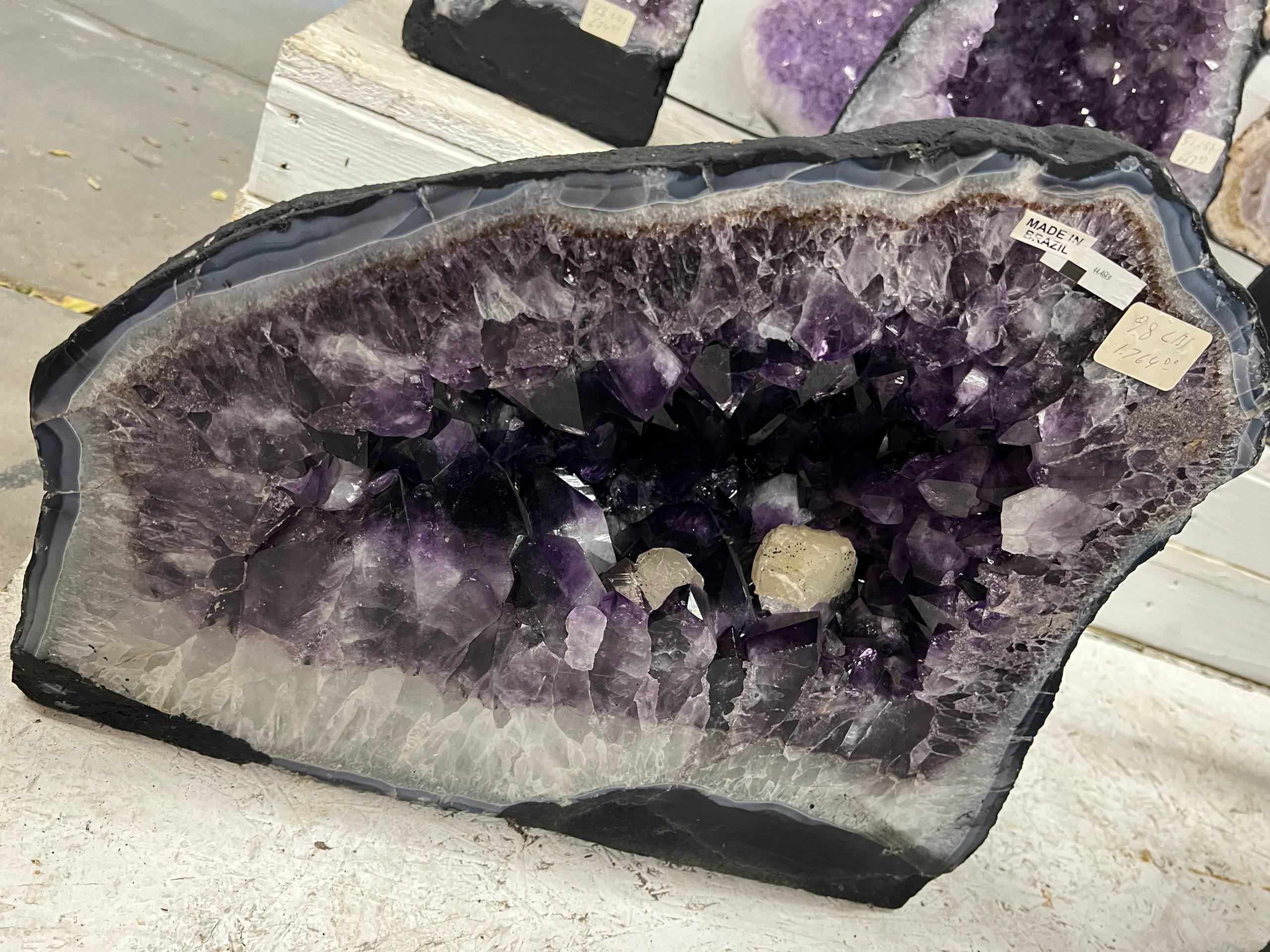 Amethyst beautiful dark purple color geode with calcite – view 4