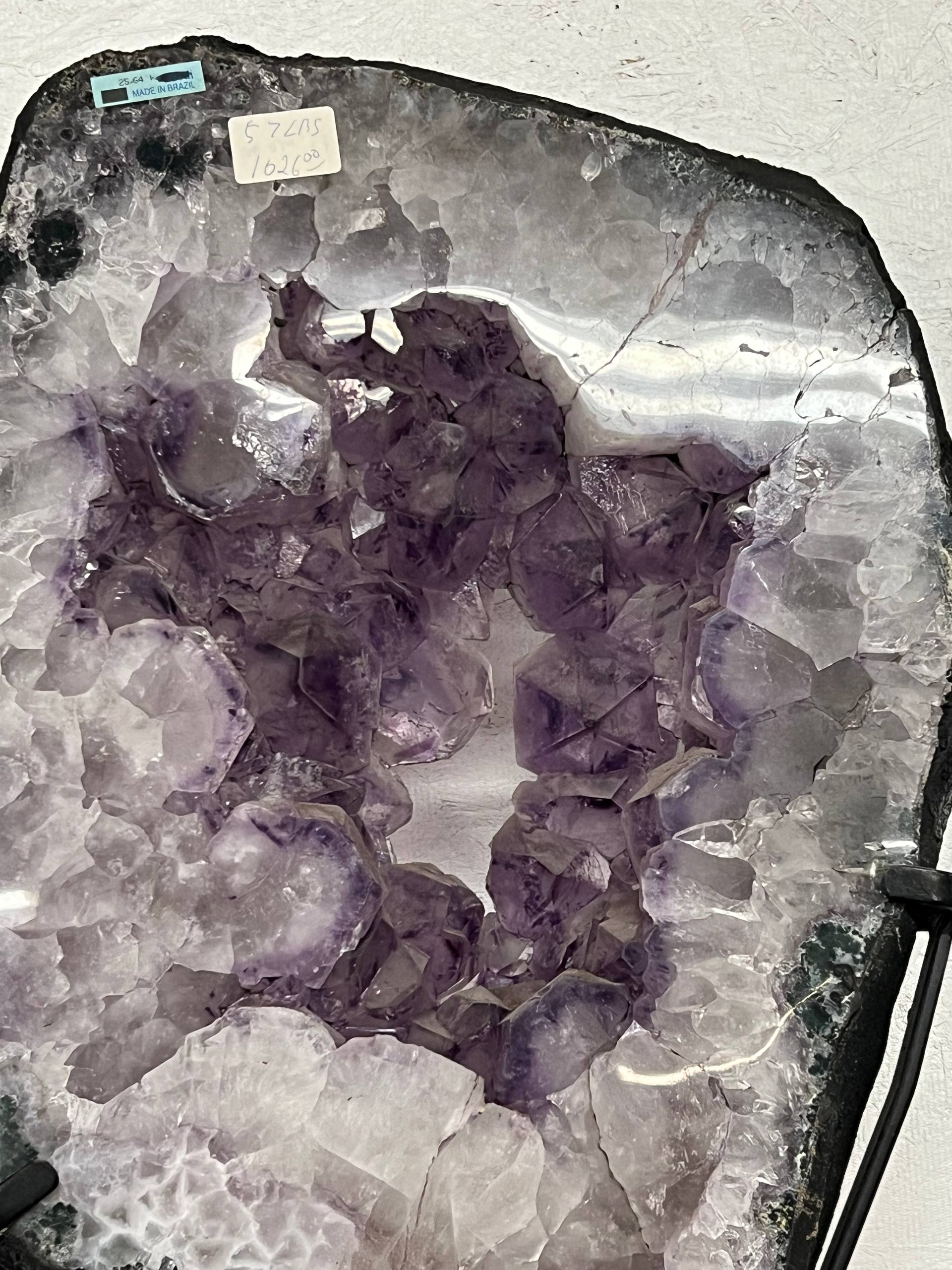 Amethyst geode slabs on stand – view 1