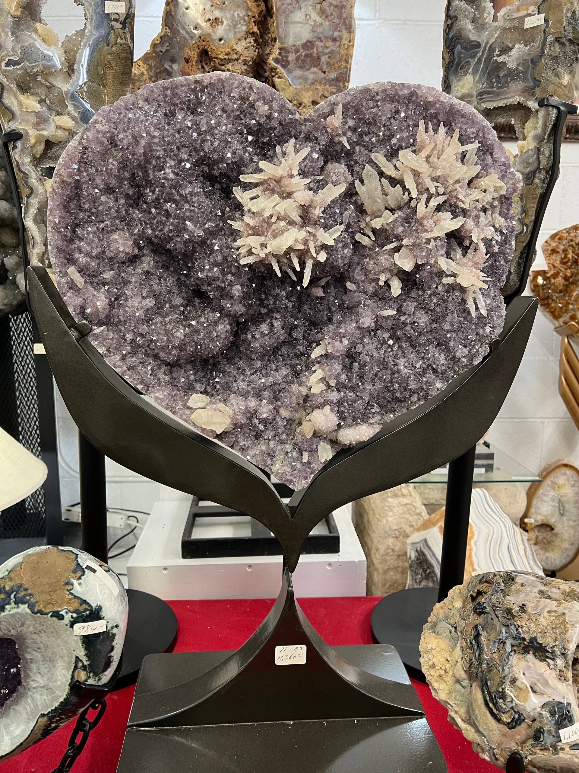 Amethyst hearts with calcite on stand – view 9