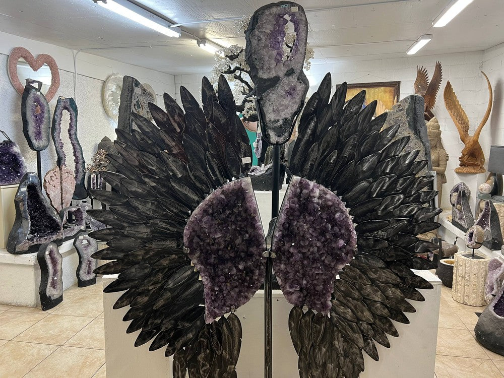 Giant amethyst angel wings geode sculpture — full spread front view