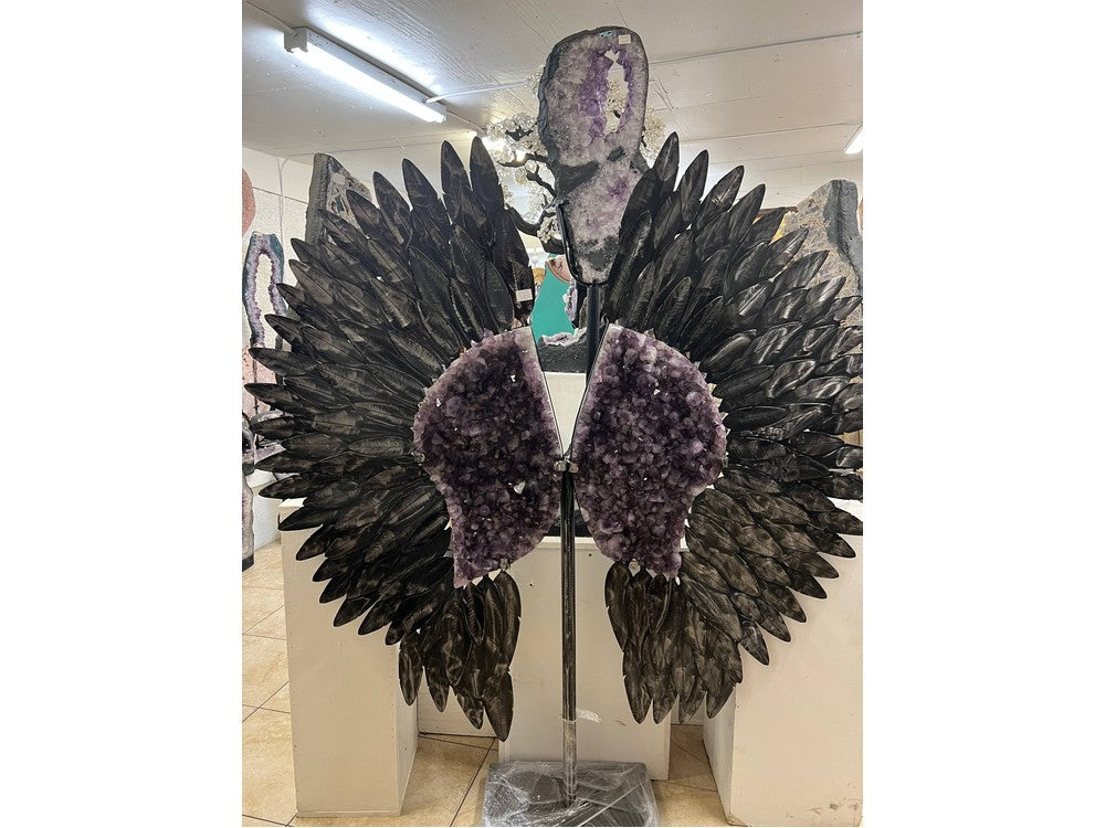 Amethyst angel wings geode sculpture — symmetrical front view