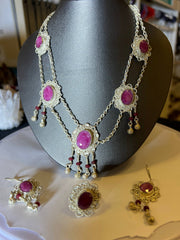 Hunza Ruby Necklace, Earrings and Ring Set - Full Set Front View