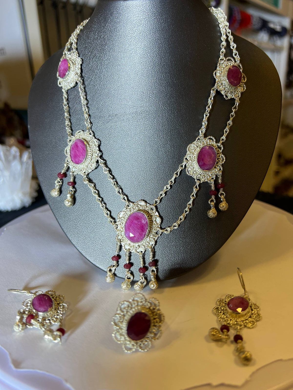 Hunza Ruby Necklace, Earrings and Ring Set - Full Set Front View