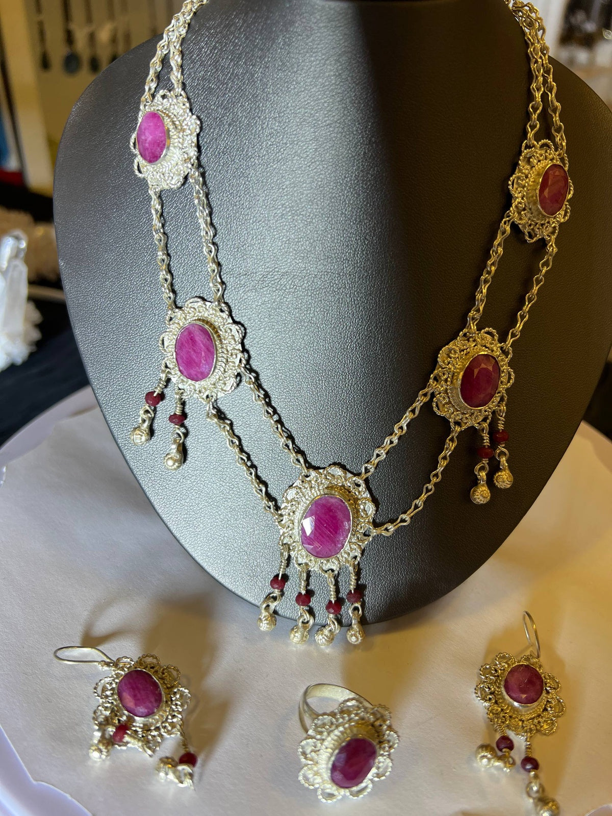 Hunza Ruby Necklace, Earrings and Ring Set - Two-Tone Detail