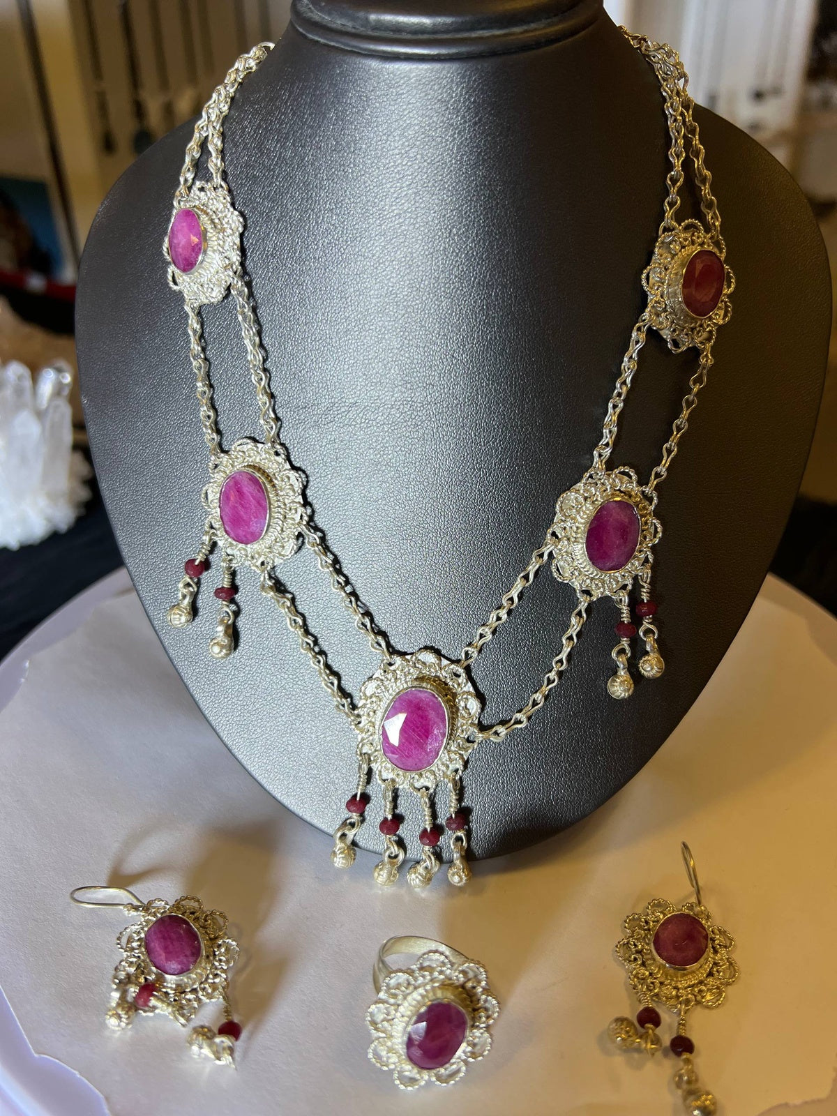 Hunza Ruby Necklace, Earrings and Ring Set - Full Display