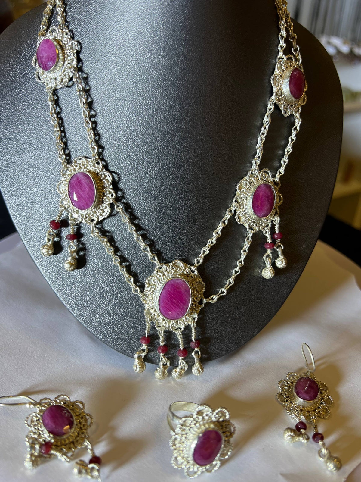 Hunza Ruby Necklace, Earrings and Ring Set - Close-up Detail