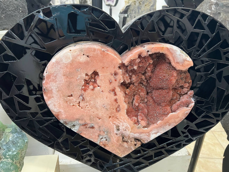 Pink Aragonite Heart Geode on Stand — view 1