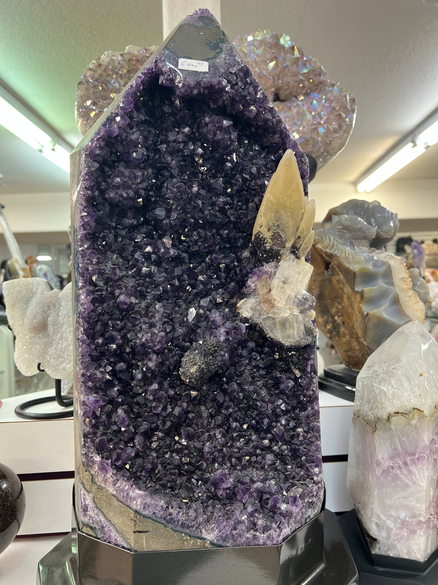 Amethyst Cluster with Calcite on Stand — view 1
