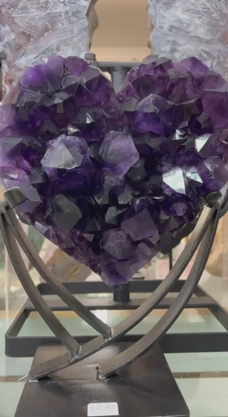 Load video: Most beautiful dark color amethyst hearts on stand