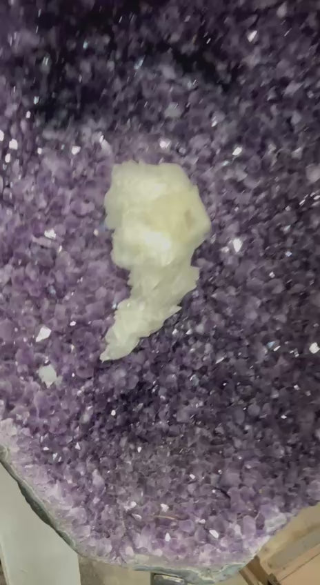Load video: Amethyst cluster on stand with calcite – video