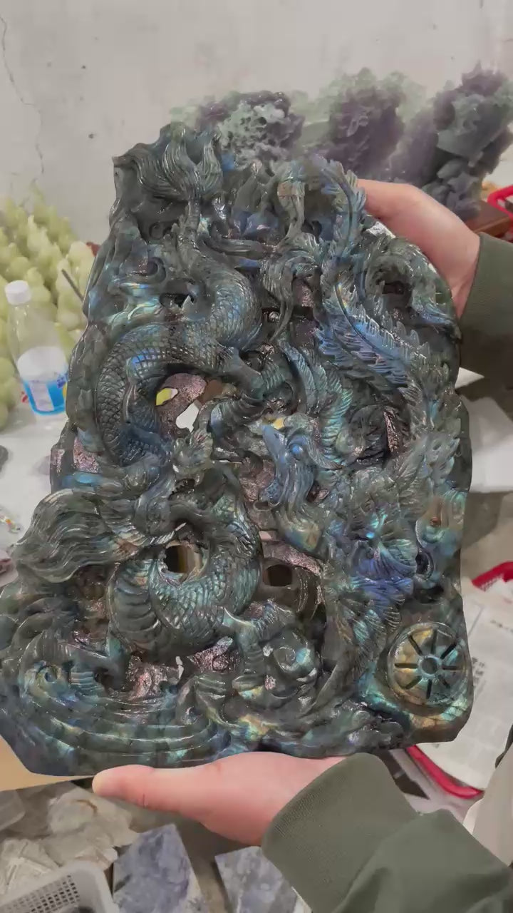 Labradorite dragon and phoenix carving — 30×5×43 cm, 5.8 kg