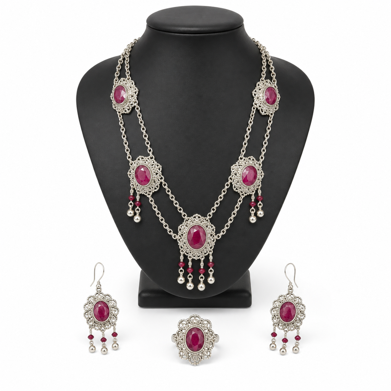 Hunza Ruby Silver Filigree Necklace, Knowns as Madrasi design, Earrings and Ring Set
