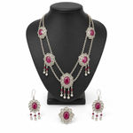 Hunza Ruby Silver Filigree Necklace, Knowns as Madrasi design, Earrings and Ring Set
