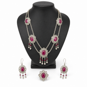 Hunza Ruby Silver Filigree Necklace, Knowns as Madrasi design, Earrings and Ring Set