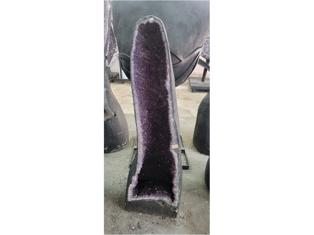 Tall amethyst geode cathedral tower on stand — full front view